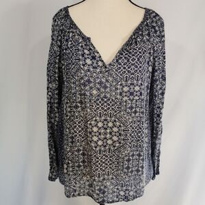 Velvet Boho Split Scoop Neck Viscose Blouse in Blue & White -Sz L Open To Offers